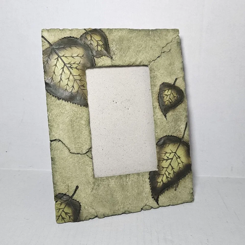 Decorative Rustic Primitive Textured Leaves Green Faux Stone Picture Frame